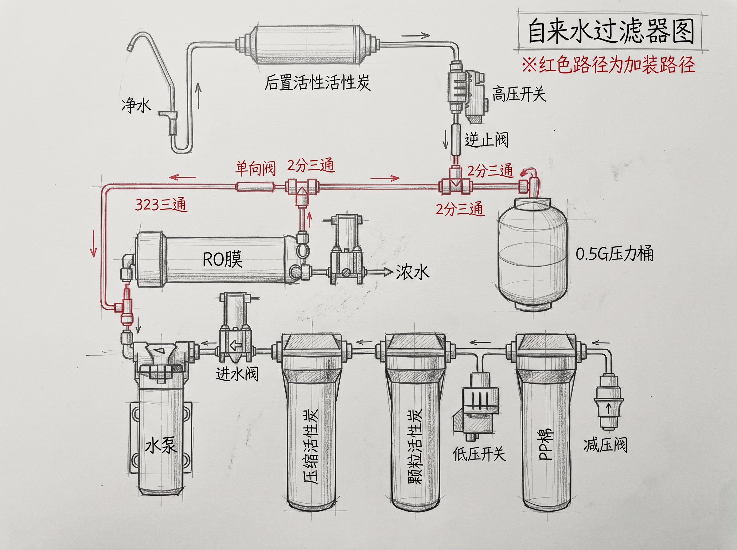 RO净水器水路工作原理图